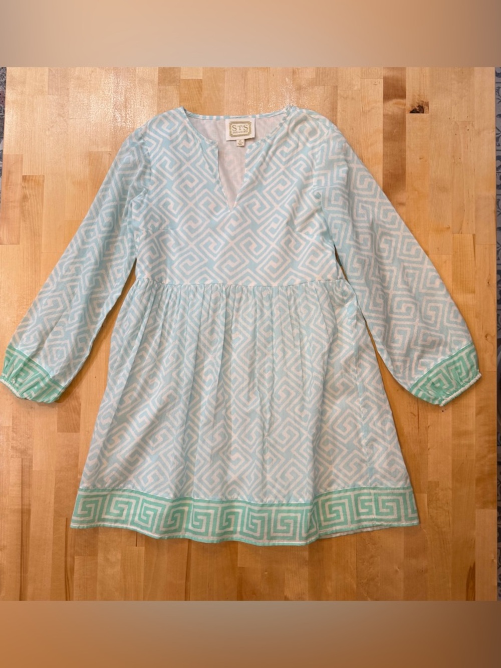 Sail to Sable Blue & Mint Patterned Long Sleeve Cotton Dress